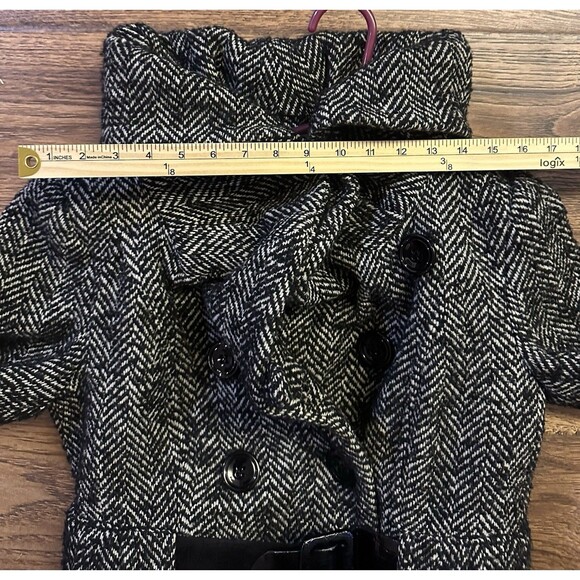 ZARA Wool Blend Belted Bouclé Coat Large* Herringbone Black White Shawl Collar - Picture 6 of 7
